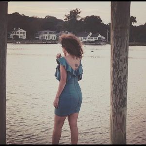 A. Calin by Flying Tomato Ruffle sleeve denim fitted dress